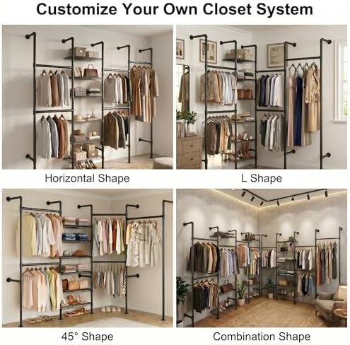 F4 Wall Mounted Closet System, Industrial Pipe Clothing Rack for Hanging Clothes, Heavy Duty Closet Organizer System, Clothes Racks with Shelves & Expandable Rod for Wardrobe, Corner, Black - Image 3