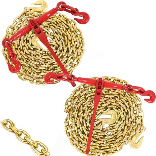 3/8" to 1/2" Ratchet Chain Binder 9200LBS with G80 3/8" X 10FT Binder Chain 5400LBS,with Grappling Hook,for Tie Down Heavy Loads to a Truck or Flatbed Trailer (2 Set) by GCCSJ