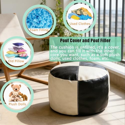 Thgonwid Unstuffed Faux Leather Pouf Cover, Handmade Footstool Ottoman Storage Solution, Floor Footrest Cushion - 16.5”Dx12”H, Black & White - Image 5