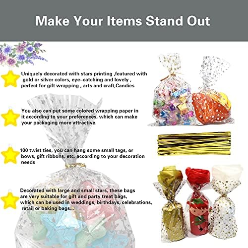 100 Pcs Star Printed 5"X 11" Gift Wrap Cello Cellophane Treat Bags Party Favor bags Clear Candy Cookie Bags Plastic Poly Goodie Storage Bags with Twist Ties for Bakery,Birthday, Wedding ,Party Decorations (Gold) - Image 3