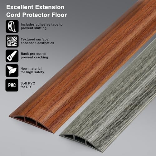 Cord Covers for Wires on Floor 6FT, LZEOY Cord Cover Floor, Wood Black Floor Cable Management, Cable Protector Prevent Cable Trips Floor Cable Covers for Cords, Cable Cavity: 0.47" (W) x 0.24" (H) - Image 3