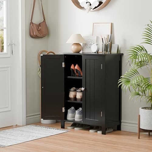 SUPER DEAL Modern Bathroom Floor Storage Cabinet with Adjustable Shelf and Double Door Rust Proof, Living Room Modern Home Furniture Storage Organizer Cabinet, Black - Image 2