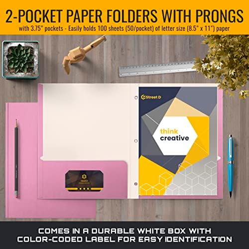 Better Office Products Pink Paper 2 Pocket Folders with Prongs, 50 Pack, Matte Texture, Letter Size Paper Folders, 50 Pack, with 3 Metal Prong Fastener Clips, Pink - Image 2