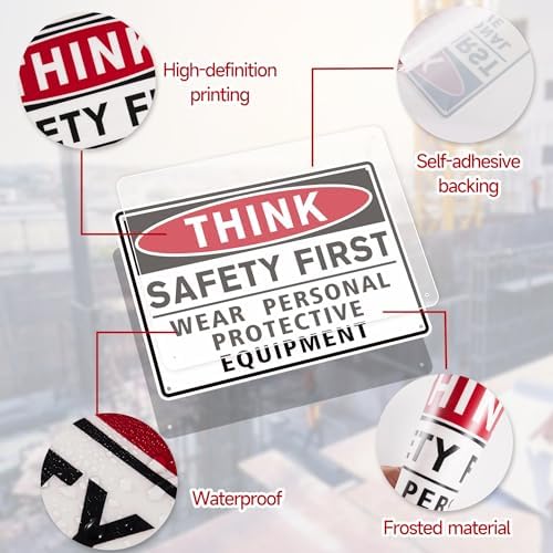 Think Safety First Sign Stickers,Waterproof Durable Wear Personal Protective Equipment Warning Sign,Safety Signs for Workplace, Laboratory Construction Area& Industry Door (Red) - Image 4