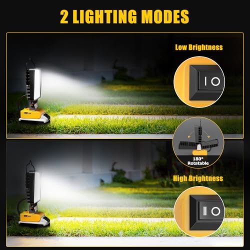 2 Pcs Cordless LED Work Light for Dewalt 20v Max Battery, 112W 11200LM Battery Light for Dewalt 20v Tools, Portable Outdoors Flood Lighting with USB & Type-C Charging Port, Low Voltage Protection - Image 3
