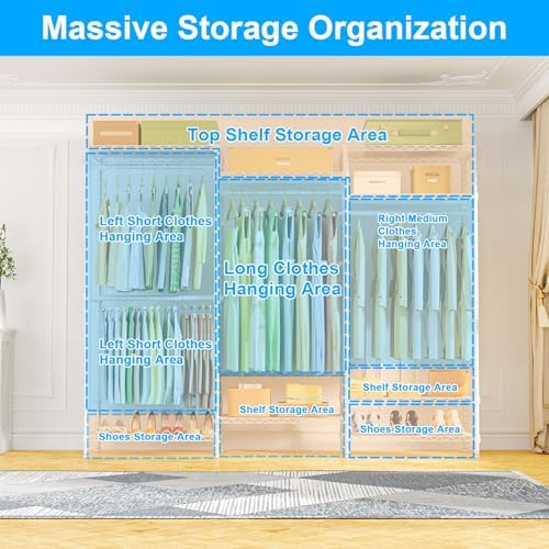 Ulif E13C Heavy Duty Closet Organizer System，Freestanding Clothing Racks for Hanging Clothes，Adjustable Garment Rack 63" W x 16" D x 77" H Hold 960 lbs，White Clothing Rack with Black Dustproof Cover - Image 3