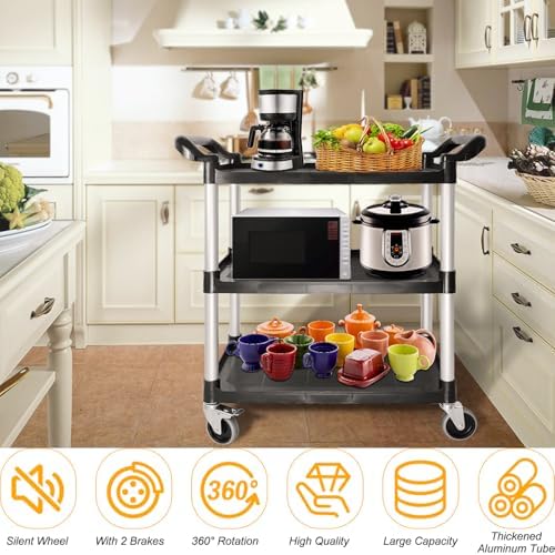 Utility Carts with Wheels, Large Size 3 Tier Rolling Cart with Lockable Wheels, Heavy Duty 600lbs Capacity Food Service Cart for Restaurant, Kitchen, Home, Warehouse, Office - Image 2