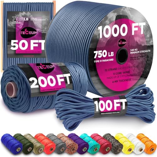 Paracord Rope 550 lb 4mm – Parachute Cord – Utility Camping Rope by TECEUM