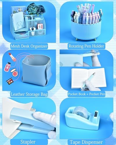 Blue Desk Accessories and Organizers with Desk Organizer and 360°Rotating Pen Holder stapler Pen and a Lot of Office Blue Office Supplies Beautifully Presented in a Gift Box - Image 4