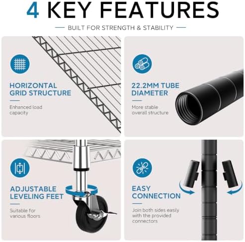 IZEUK Heavy Duty Rolling Utility Racks, 4-Tier Metal Wire Shelving Unit - Image 4