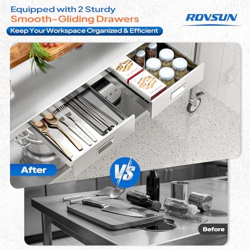 ROVSUN Stainless Steel Table with Wheels & Overshelves 60" X 24", NSF Commercial Heavy Duty Pre Table with Drawers & Adjustable Undershelf，Metal Table with Detachable Hooks for Kitchen Restaurant - Image 6