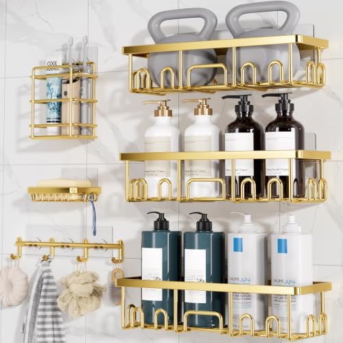 Veken Shower Caddy 6-Pack with Hooks, Bathroom Organizers & Storage, Gold by Veken