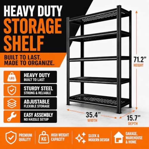 Garage Shelving, 5-Tier Heavy Duty Metal Storage Shelves, 3000 LBSAdjustable Storage Rack for Garage, Warehouse, Basement, 35.4" W x 17.7" D x 72" H - Image 2