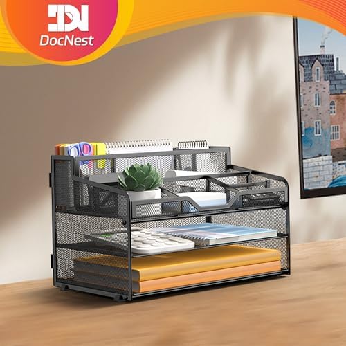 Docnest 3 Tier Mesh Desk Organizer with Letter Tray & Paper Sorter, Black - Image 6