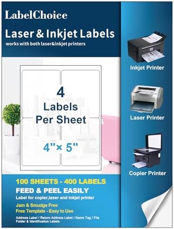 100 Sheets 400 Pcs 4"x5" 4 Up Shipping Address Labels for Laser & Inkjet Printers, Permanent Adhesive 4 per Page Shipping Labels, 4 to a Page Labels, 4 Stickers per Sheet by LabelChoice
