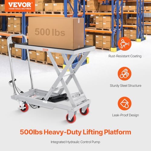 VEVOR Hydraulic Lift Table Cart, 500 lbs Load Capacity, 28.5-Inch Lifting Height, Manual Single Scissor Lift Table with 4 Wheels and Non-Slip Pad, Gray, Alloy Steel - Image 2