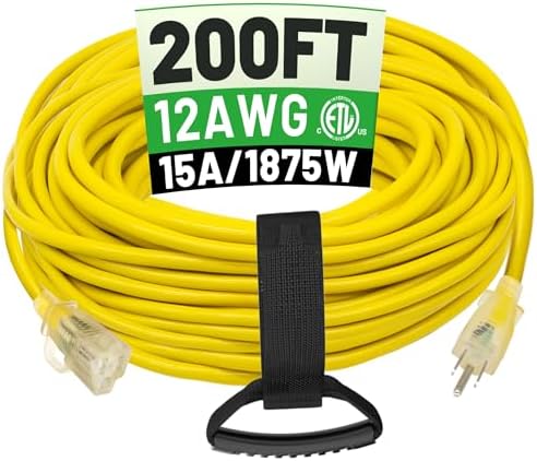 POWGRN 200 FT 12/3 Gauge Indoor/Outdoor Extension Cord Waterproof, Yellow by POWGRN