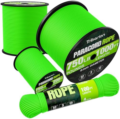 Paracord Rope 750 lb - 100ft 5/32" Parachute Cord 4MM 12-Strand para Cord - Heavy Duty Spool String for Survival,Camping Gear, Survival Bracelet, Clothesline - Neon Green by Triberion