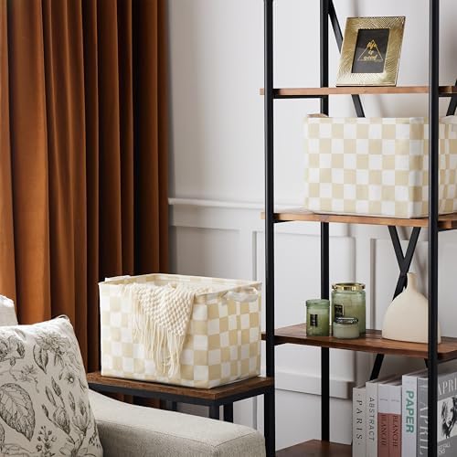 Ohocut Beige White Checkered Canvas Basket, Rectangular Organizing Decorative Storage Basket for Kids Dog Toy, Cute Aesthetic Race Cars Boy Room Decor for Home, Kitchen, Bedroom, Classroom, Shelves - Image 3