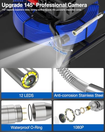 10 Inch IPS Sewer Inspection Camera with 512Hz Locator, 1080P AHD, 30/50M Cable, DVR, Auto Self-Leveling, 5X Zoom, TF Card, LED Lights for Pipe/Wall/Drain (100FT) - Image 5