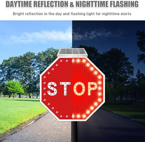 24" Solar Stop Sign-LED Solar Powered Flashing Stop Sign, Heavy Duty Blinking Road Traffic Stop Warning Signs with Aluminum Frame & Engineered Reflective Film, IP65 Wateproof for Street Driveway Outdoor - Image 5