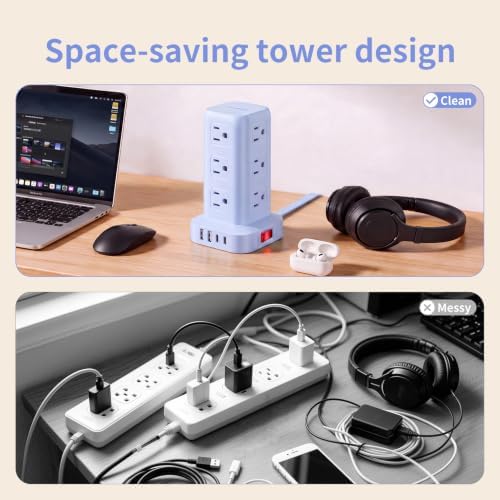 Extension Cord with Multiple Outlets, SMALLRT Power Strip Tower, Outlet Extender with 12 AC Outlets 4 USB, 6.5FT Extension Cord for Home Dorm Room, Office Supplies, Blue - Image 5