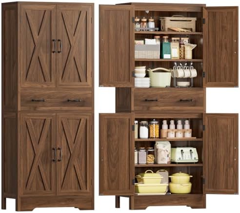 TEENFON Tall Storage Cabinet with 2 Adjustable Shelves & 1 Large Drawer, Kitchen Pantry Cabinet with 4 Doors, Bathroom Storage Cabinets, for Living Room, Kitchen, Bathroom, Walnut by TEENFON