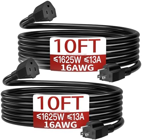 Skrizcable 16/3 Short Extension Cord 10FT 2Pc, Black Extension Cord Indoor by Skrizcable