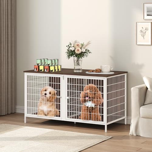 MAHANCRIS Dog Crate Furniture for 2 Dogs, 43.3" Dog Kennel with Removable Divider, Heavy Sturdy Dog Furniture Style Double Cage for Small Medium Dogs, Indoor Pet House End Table, White and Walnut by MAHANCRIS