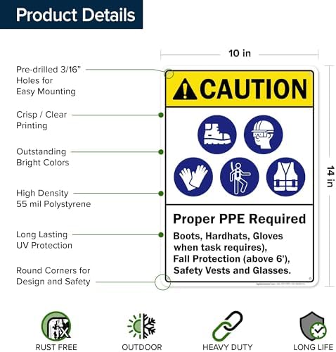 Caution Proper Ppe Required Boots Hardhats Gloves Safety Vests And Glasses Sign, 10x14 Inches, 55 mil thick HDPS (high density polystyrene), Made in USA by My Sign Center - Image 6