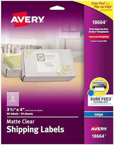 Avery Printable Shipping Labels with Sure Feed, 3-1/3" x 4", Matte Clear, 60 Blank Mailing Labels (18664) by Avery