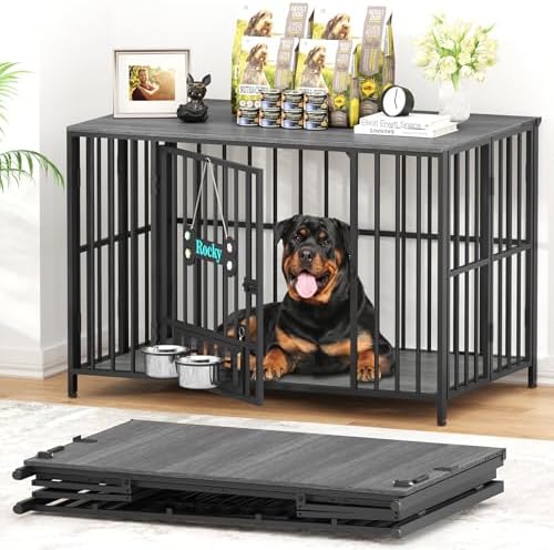 Easycom 43" Dog Crate Furniture Foldable, No Assembly Decorative Dog Kennel Indoor, XL Dog Crates for Large Dogs (60-80 lbs), Wooden Dog Cage with Adjustable Bowls and Name Tag, Dark Grey by EasyCom