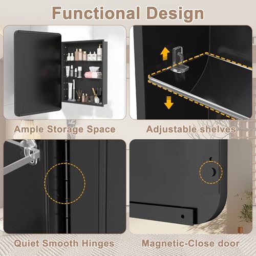 16x27.5 in Bathroom Medicine Cabinet with Mirror, Matte Black - Image 3