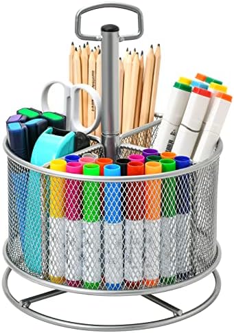 Marbrasse Mesh Desk Organizer, 360-Degree Rotating Multi-Functional Pen Holder, 4 Compartments Desktop Stationary Organizer, Home Office Art Supply Storage Box Caddy (silver) by Marbrasse