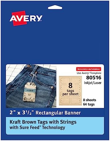Avery Kraft Brown Banner Tags, Sure Feed Technology, 2" x 3.5", Laser/Inkjet Printable, 64 Total, Strings Included, Also Great for Gifts and Favors (80516) by Avery