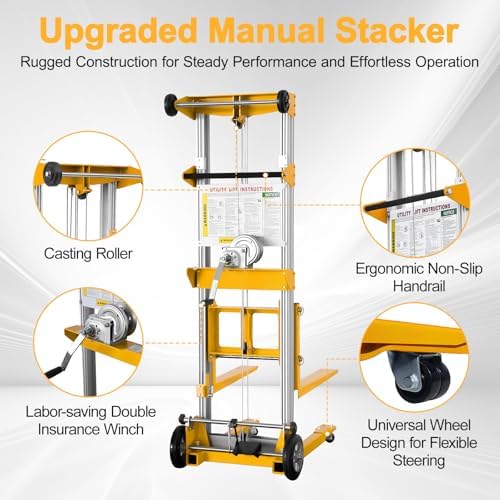 122" 400lbs Material Lift Winch Stacker, Hand Winch Lift Truck with Fixed-Leg, Manual Material Lifter Pallet Stacker for Contractor, Workshop, Industrial, 34.60"L x 24.80"W, Yellow - Image 4