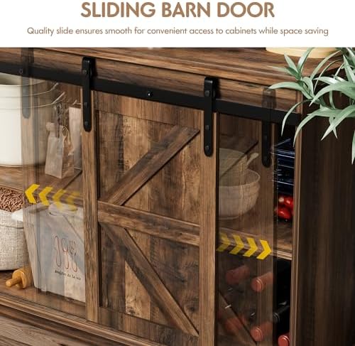 Shahoo Farmhouse Sideboard Buffet Cabinet, Coffee Bar Storage with Sliding Barn Doors, Shelf for Home Dining Room, Barnwood - Image 6