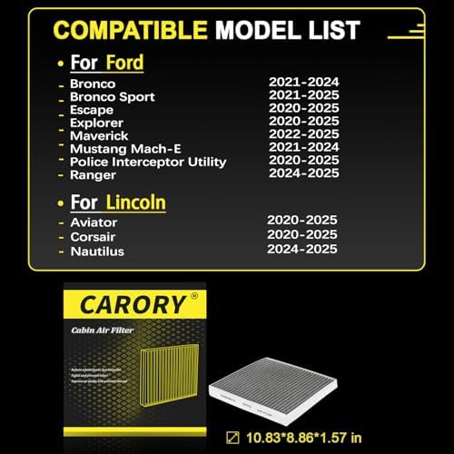 CARORY Cabin Air Filter w/Activated Carbon for Ford Bronco Sport 2021–2024, Escape 2020–2025, Explorer 2020–2025, Mustang Mach-E 2021–2024, Lincoln Aviator 2020–2025, Corsair 2020–2025 and More, CF772 - Image 3