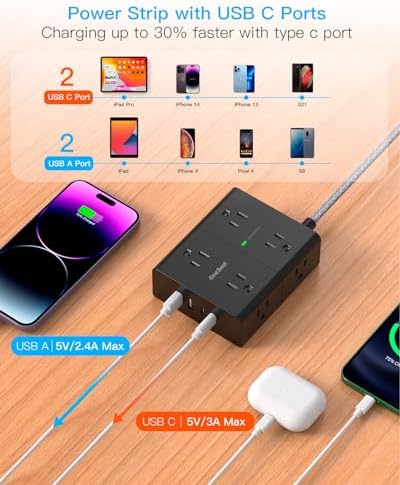Extension Cord 25 Ft, Flat Plug Surge Protector Power Strip 25 Ft Long Cord - Image 5