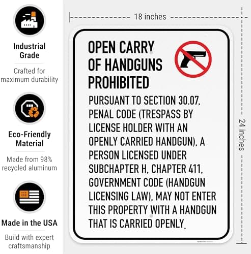 No Open Carry of Handgun Prohibited Texas §3007 Sign, - Image 3