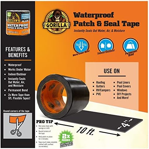 Gorilla Waterproof Patch & Seal Tape,Black Tape,4" x 10' - Permanent Weather Resistant Seal for Leaks and Repairs,(Pack of 16) - Image 2