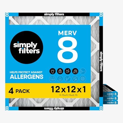 Simply 12x12x1 Air Filter, MERV 8, 4 Pack, Furnace Air Filter for HVAC(Actual Size: 11.75"x11.75"x0.75") DUST, Pet, & Allergy Control by SimplyFilters