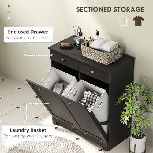 HOMCOM Laundry Cabinet with 2 Removable Baskets, Tilt Out Hamper, Black - Image 4