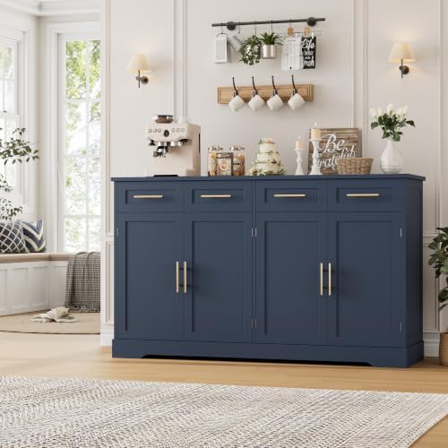 HOSTACK Sideboard Buffet Cabinet with Storage, Kitchen Cabinet, Blue/Gold - Image 2