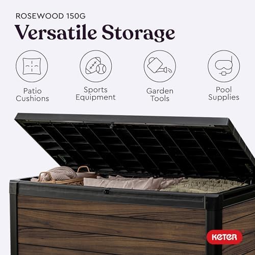 Keter Signature Collection 150 Gallon Resin Deck Box Organization and Storage for Patio Outdoor Cushions, Throw Pillows, Garden Tools and Pool Supplies, Rosewood - Image 5