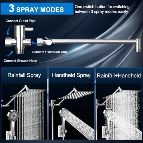 Shower Head, Rain Shower Head with Handheld Spray Combo, 10 Inch Adjustable High Pressure Rainfall Shower Head, Dual Showerhead Set with Extension Arm and 60 Inch Long Shower Hose (Silver) - Image 3