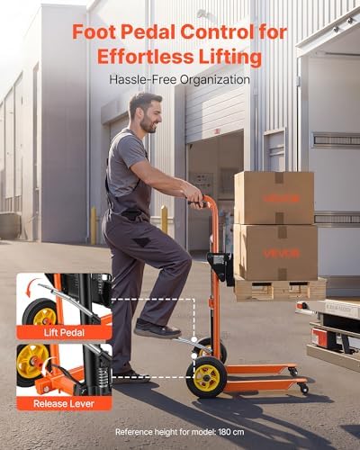 VEVOR Hydraulic Material Lift Winch Stacker, 450 lbs Load Capacity, 35.4'' Max Lifting Height, Pallet Truck Dolly with Fork Lift Table, Foldable & Portable Pallet Jack Table Cart, Orange & Black - Image 4
