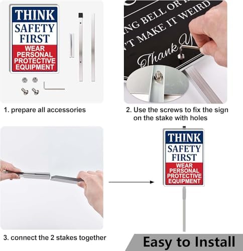Think Safety First Wear Personal Protective Equipment Sign Safety Warning 14" x 10" With 35" Long Metal Stake With Stand Aluminum Outdoor Use Yard Business - Image 6