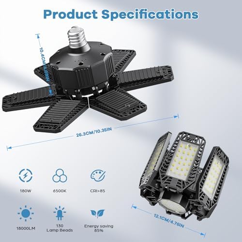8 Pack Garage Light - 180W 18000 LM 6500K Deformable Garage Lights Ceiling LED with 6+1 Adjustable Panels, Shop Lights E26/E27 Screw Socket for workshops, Parking, Basement, Storage Room - Image 4