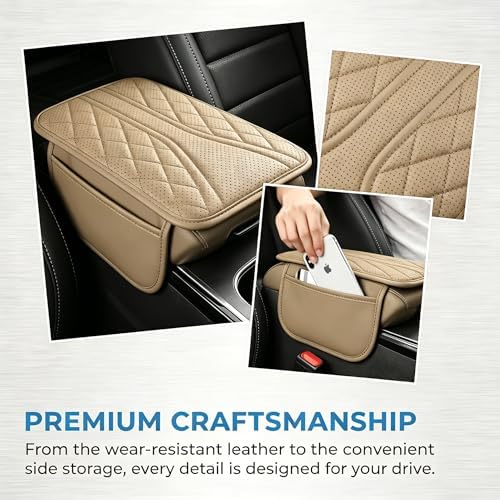 Car Center Console Cover, Leather Car Armrest Cover with 2 × Storage Bags, Waterproof Auto Arm Rest Covers Pad, Universal Console Covers for Storage Box Protector for Vehicle SUV Truck (Beige) - Image 3